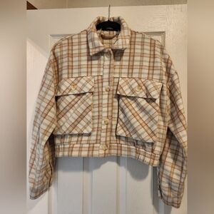 Forever 21 Cream and Tan Plaid Cropped Jacket